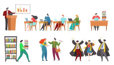 Student cartoon character, people studying in school, college or university, isolated set, vector illustration