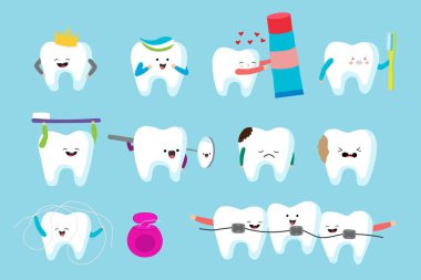 Teeth cartoon characters, set of isolated cute mascots for dental care hygiene vector illustration