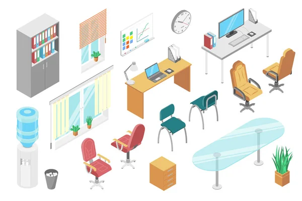 Ensemble isométrique mobilier de bureau, isolé sur blanc, bureau et chaise pour espace de travail moderne, illustration vectorielle — Image vectorielle