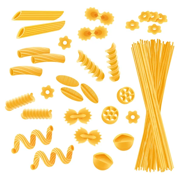 Pasta set isolated on white, different kinds of macaroni and spaghetti uncooked, vector illustration — Stok Vektör