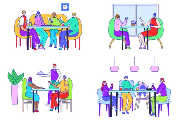 Personas en la cafetería, amigos en el restaurante, personajes de dibujos animados en estilo de arte de línea plana, ilustración vectorial — Archivo Imágenes Vectoriales