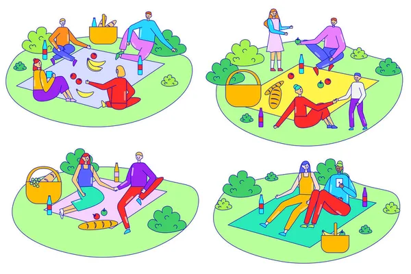 People on picnic outdoor, set of simple isolated scenes with flat line cartoon characters, vector illustration — Διανυσματικό Αρχείο