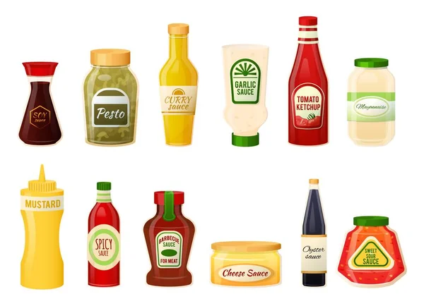 Botellas de salsa aisladas en blanco, ketchup, mostaza y mayonesa, ilustración vectorial — Vector de stock