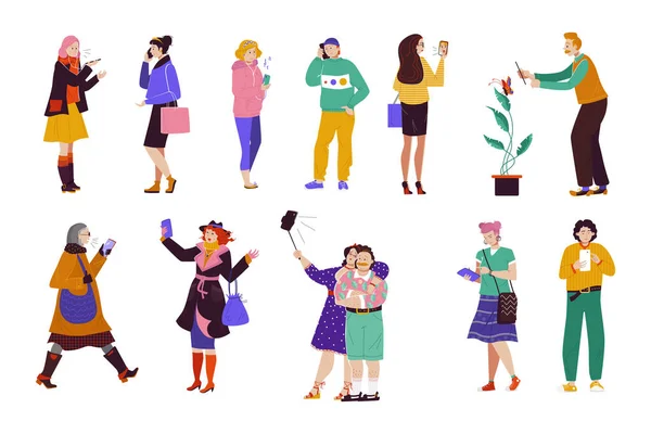 Personnes avec smartphone, ensemble de personnages de dessins animés isolés utilisant des téléphones mobiles, illustration vectorielle — Image vectorielle