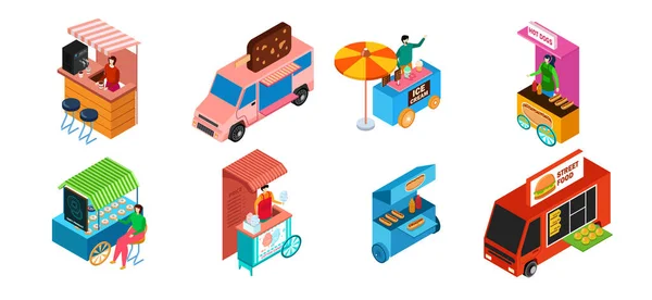 Caminhão de comida de rua, conjunto isométrico isolado no quiosque branco, lanchonete e sorvete, ilustração vetorial —  Vetores de Stock