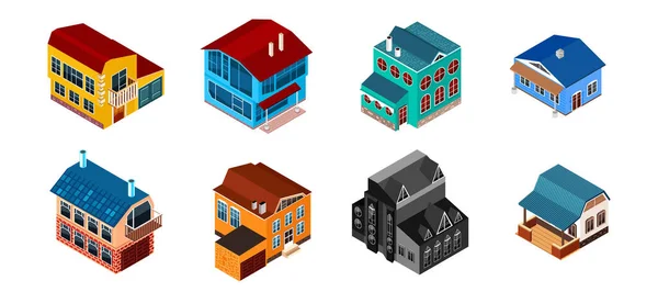Set di case suburbane isometriche, isolato su bianco, design di architettura moderna, illustrazione vettoriale — Vettoriale Stock