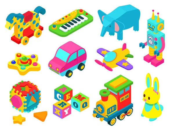 Set of isometric toys isolated on white, children playroom icon collection, vector illustration — Stock Vector