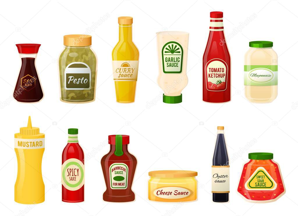 Sauce bottles isolated on white, ketchup, mustard and mayonnaise set, vector illustration