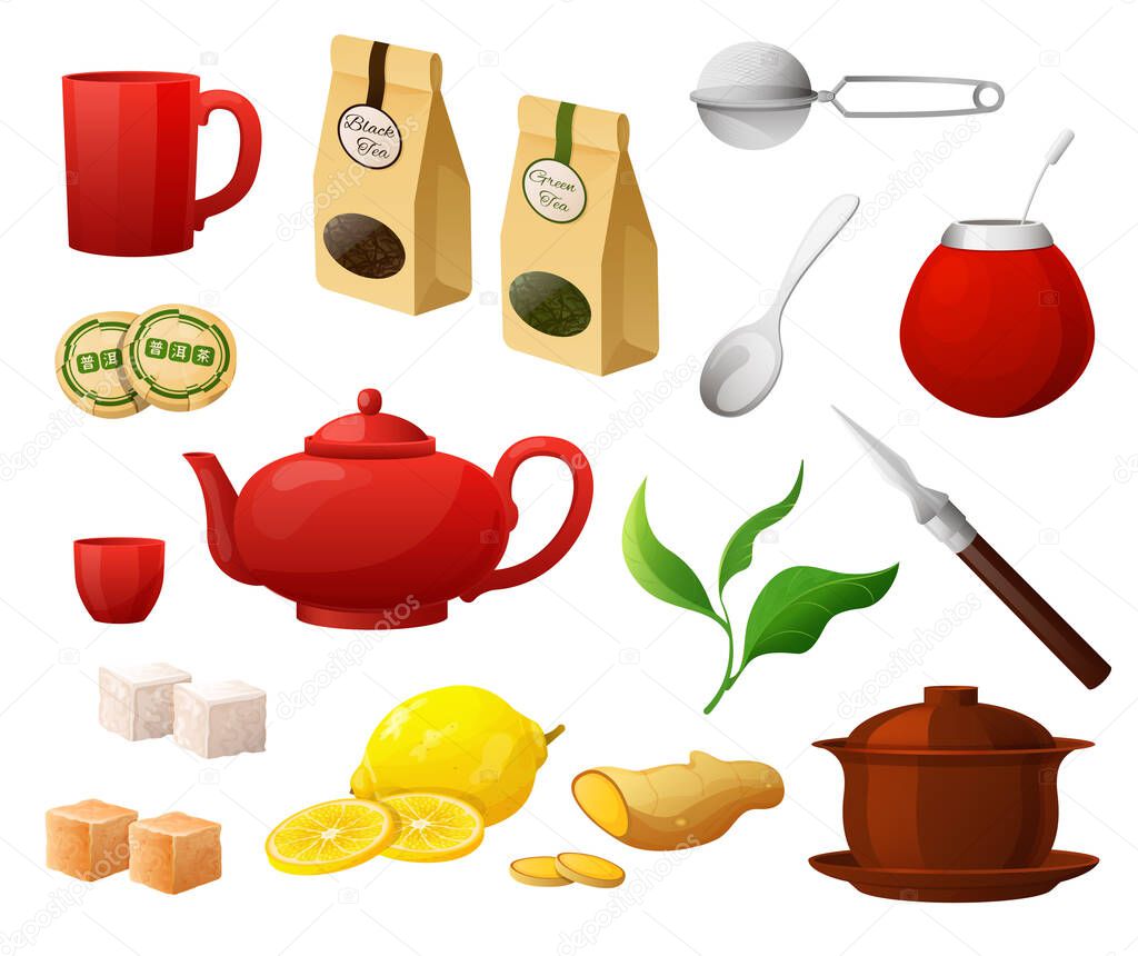 Tea object set, isolated on white, package and accessories, pot and cup, vector illustration