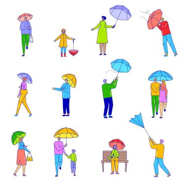 Line People with umbrella, flat line cartoon character set isolated on white, vector illustration
