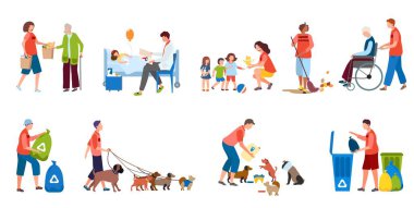 Volunteer helping people and animals, social service cartoon character, vector illustration