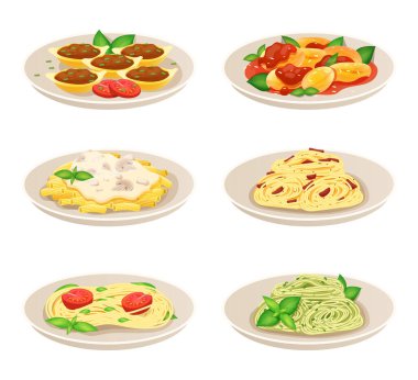 Pasta dish Italian cuisine, spaghetti restaurant menu, isolated set on white, vector illustration