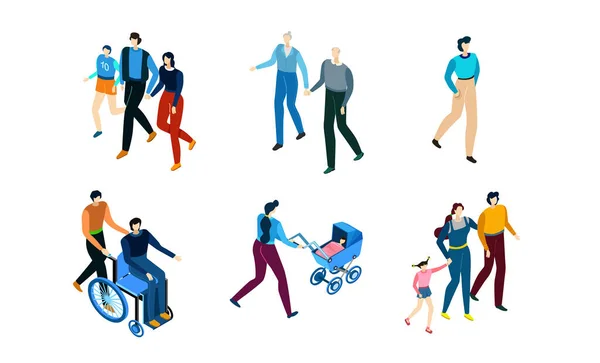 Personas caminando, personajes de dibujos animados isométricos, conjunto aislado en blanco, ilustración vectorial — Vector de stock