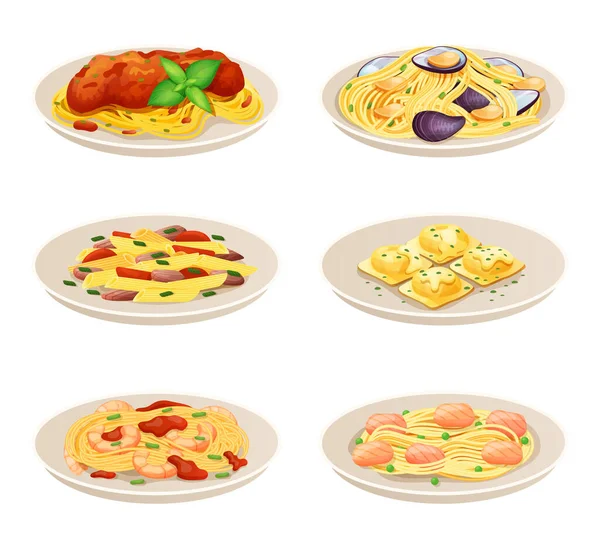 Plato de pasta cocina italiana, conjunto aislado en blanco, menú restaurante de espaguetis, vector de ilustración — Vector de stock