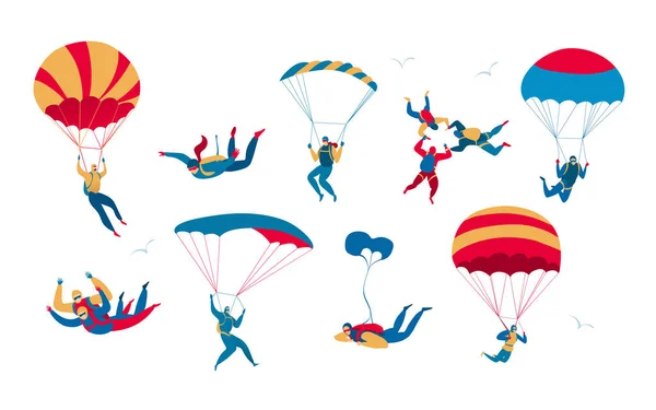 People skydiving and jumping with parachute, extreme sport set, isolated on white, vector illustration — Stockvector