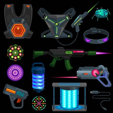 Laser tag game equipment flat collection. Vector illustration of Illuminated VR computer gamer sport playing tech for lasertag.