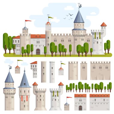 Castles constructor vector illustration game set with elements of old medieval towers and fortress with trees near by.
