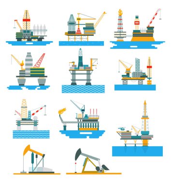Oil rigs fuel industry platform vector illustration. Set of offshore and land exploration and boring of mineral oil.