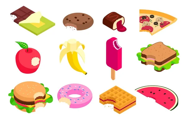 Vector de alimentos postre mordido sabroso pastel, rosquilla y hamburguesa de comida rápida conjunto de ilustración isométrica de helado dulce y frutas aisladas sobre fondo blanco — Vector de stock