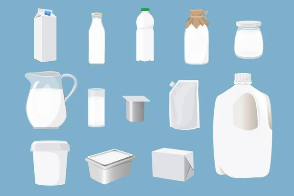 Paquete de leche vector blanco bebida lechosa caja de embalaje, botella y recipiente en blanco para la marca productos lácteos ilustración aislado conjunto de — Archivo Imágenes Vectoriales