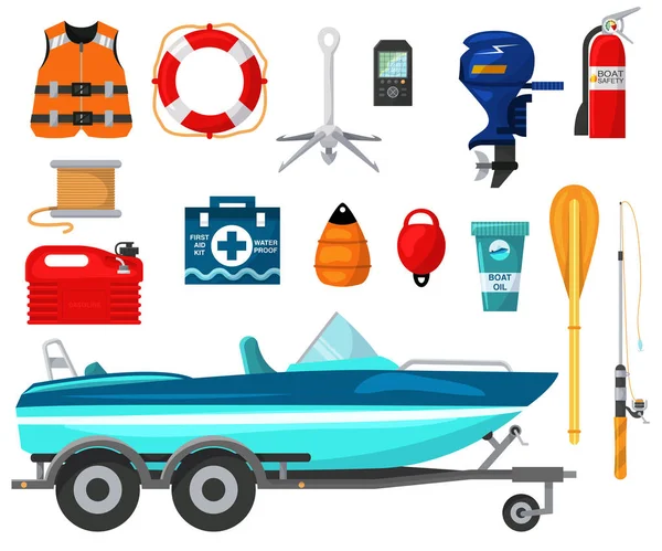 Моторне обладнання Векторні ілюстрації для активного відпочинку на воді. Човен з двигуном та обладнанням для риболовлі ізольовані — стоковий вектор