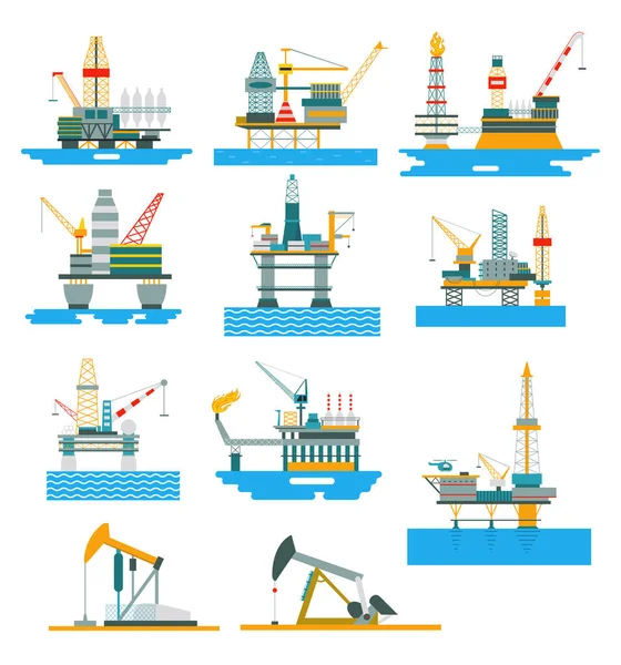 Ilustração do vetor da plataforma da indústria de combustíveis de plataformas de petróleo. Conjunto de exploração offshore e terrestre e perfuração de petróleo mineral . — Vetor de Stock