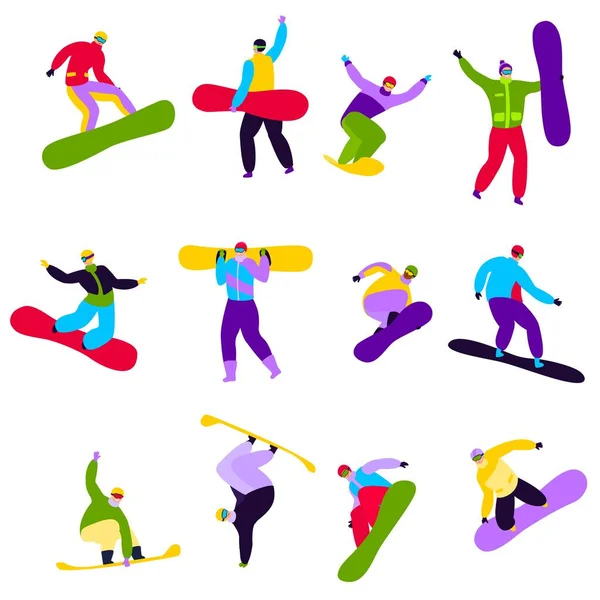 Snowboarder vector extrema gente joven snowboard en invierno ilustración conjunto de adolescentes activos personajes saltar a bordo para la diversión aislado en blanco — Archivo Imágenes Vectoriales