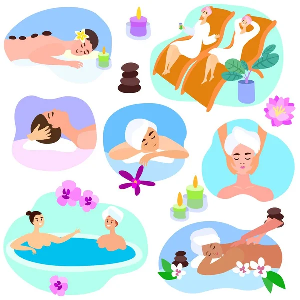 Spa retrato vetorial de jovem bela personagem mulher no salão de spa ilustração conjunto de pessoas em massagem corporal saudável no centro de bem-estar isolado em branco —  Vetores de Stock