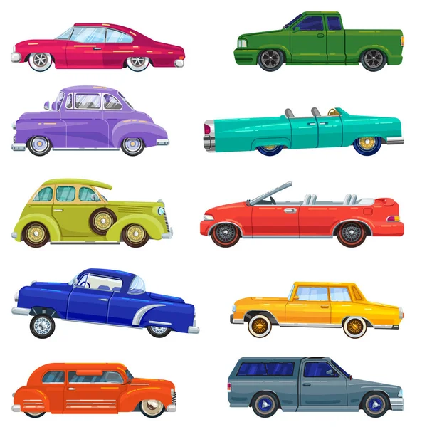 Lowrider tech auto retro vintage, oude, auto platte stijl set geïsoleerd op witte vector illustratie. Vintage lage klaring auto cabriolet auto voertuig collectie oud ontwerp jaren '50, jaren' 60. Zeventiger jaren. Terugwerkende kracht — Stockvector