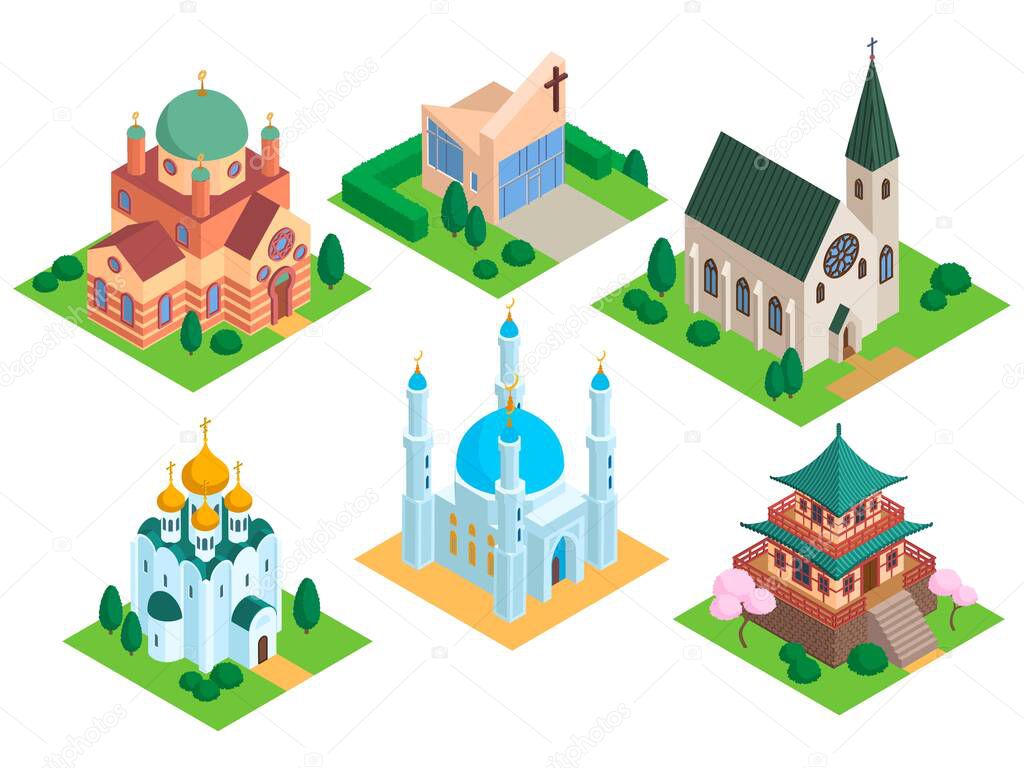 Church isometric vector temple religion building mosque and catholic architecture illustration set of christian chapel tower cultural landmark isolated on white