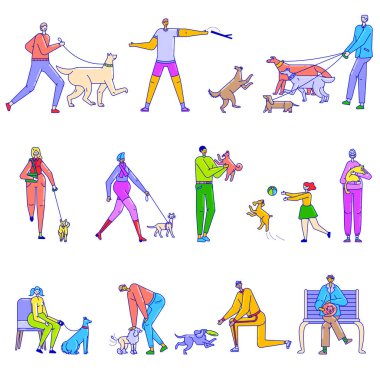 People walking with pet on character line art vector animal illustration isolated on white. Man, women running, hold on hands, palming dog, cat, throw sticks, balls.