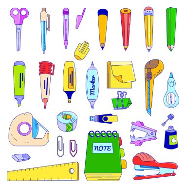 Office stationery line business assortment accessories vector stationer illustration isolated on white. Stationery tools.