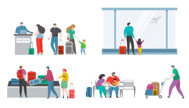 People with bags in comfortable airport terminal of aviation travel hand drawn vector illustration isolated on white.