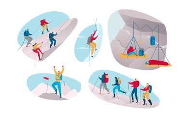 Climber in extreme sport on mountain. People climbing in outdoor adventure cartoon vector illustration isolated on white