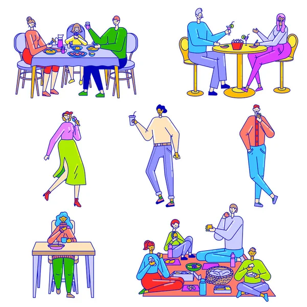 La gente comiendo en la línea de caracteres vector de arte ilustración de alimentos aislados en blanco . — Vector de stock