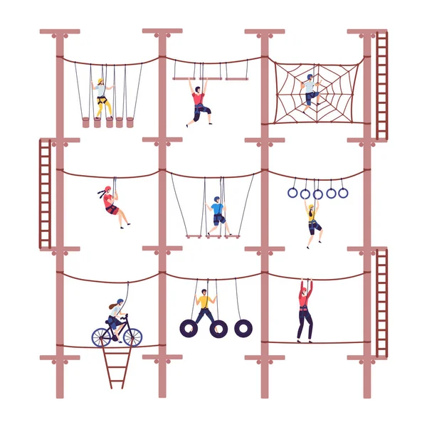 Activity children in extreme adventure rope park with climbing equipment in childhood cartoon climb vector illustration. — ストックベクタ