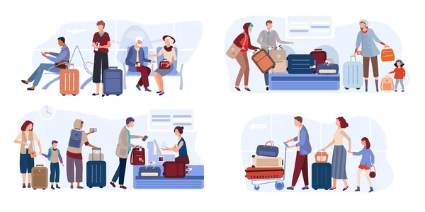Viaggiatori nella lounge dell'aeroporto con biglietti, valigia a mano disegnato vettore aereo illustrazione — Vettoriale Stock