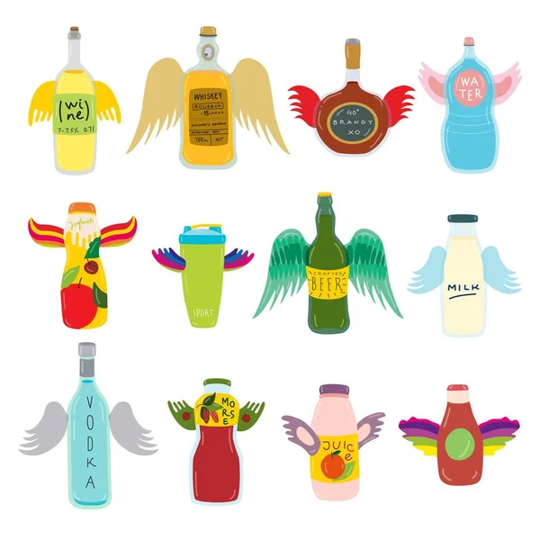 Flying bottle with wings for beverage on vector drinking hand drawn illustration isolated on white. — Stockvector