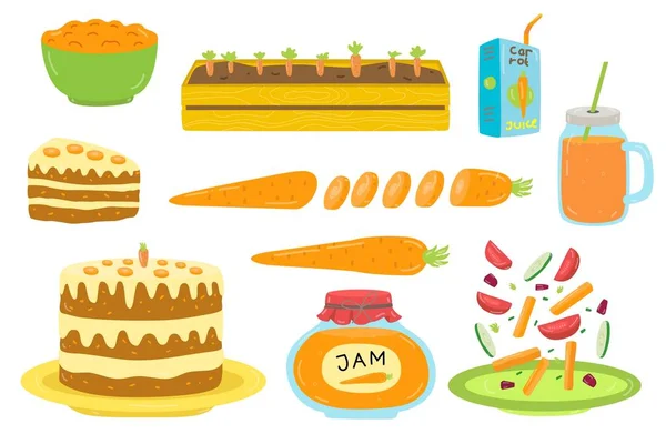 Diferentes alimentos de zanahoria en el vector de cocina saludable ilustración dibujada a mano aislado en blanco . — Archivo Imágenes Vectoriales