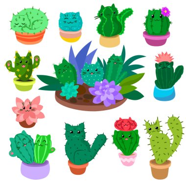 Cute cartoon cactus and succulents set on hand drawn nature plants cacti vector illustration isolated on white.