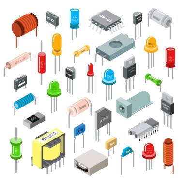 Electronic component isometric set vector illustration isolated on white. Electronics and electrical technology concept.