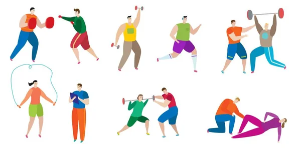 Fitness trainer workout with people on character sport hand drawn vector illustration isolated on white. — Stockový vektor