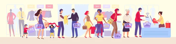 Shopping queue in clothing store vector illustration, queueing the group of people in shop during the sale, cartoon character man queues in line. — Stockvector