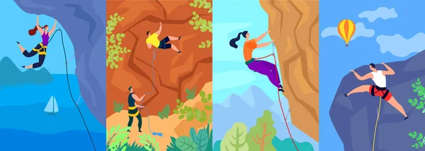 Escalada vetor ilustração, alpinista sobe a montanha. Aventura extrema e pessoas ativas esporte ao ar livre. Conjunto de cartazes . — Vetor de Stock