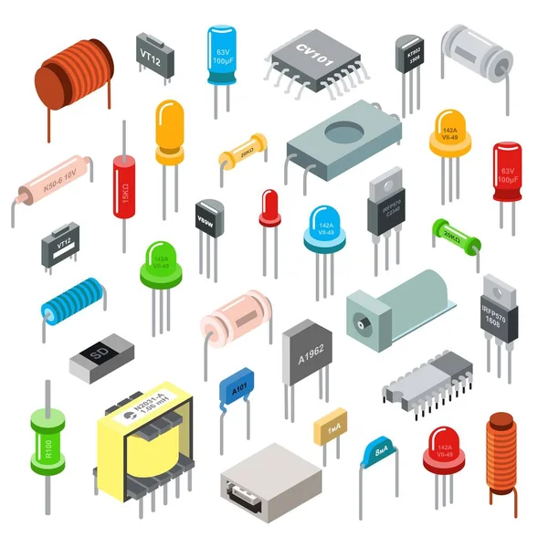 Electronic component isometric set vector illustration isolated on white. Electronics and electrical technology concept. — Stock Vector