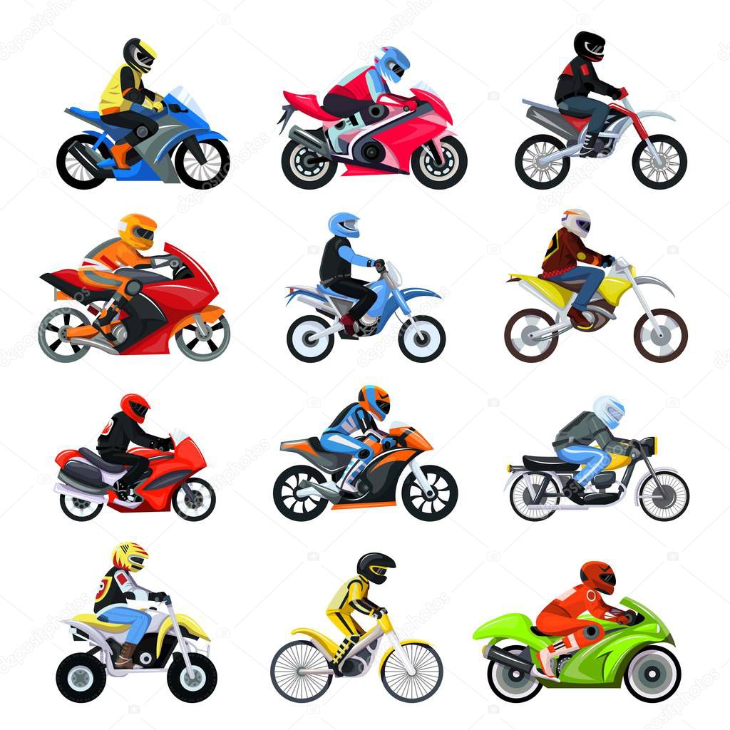 Motorcycle set vector illustration isolated on white, different type motorcyclist characters on sport motorbikes.