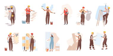 Miğferli işçi inşaat, döşeme kiremitleri, tuğlalar, lamine, cam pencere beyaz üzerine izole edilmiş vektör illüstrasyonu.