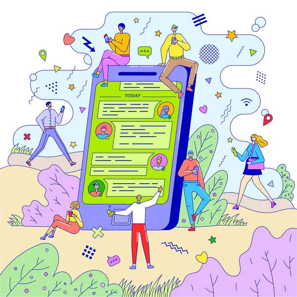 Budbärartjänst vektor illustration med människor messaging varandra i chatten. Mobiltelefonskärm med meddelanderutor. — Stock vektor