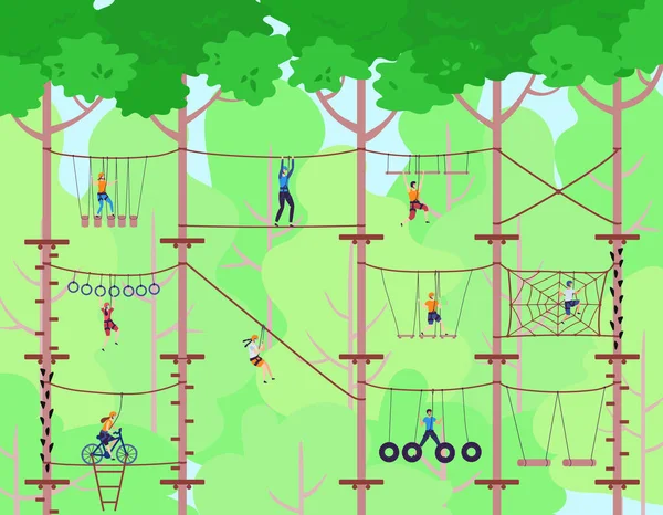 Adventure rope park vector illustration. Children have sport activity on adventure playground. Adventurous kids climbing ladder. — Stock Vector