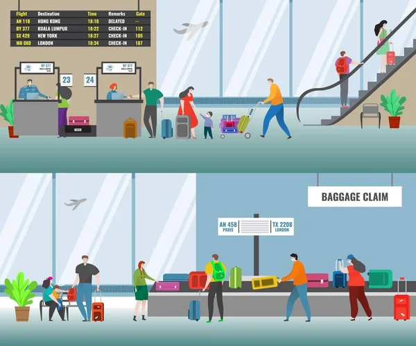Ilustración de vectores aeroportuarios con mostrador de facturación de vuelo de aerolínea y personas en área de reclamo de equipaje. Terminal del aeropuerto . — Vector de stock
